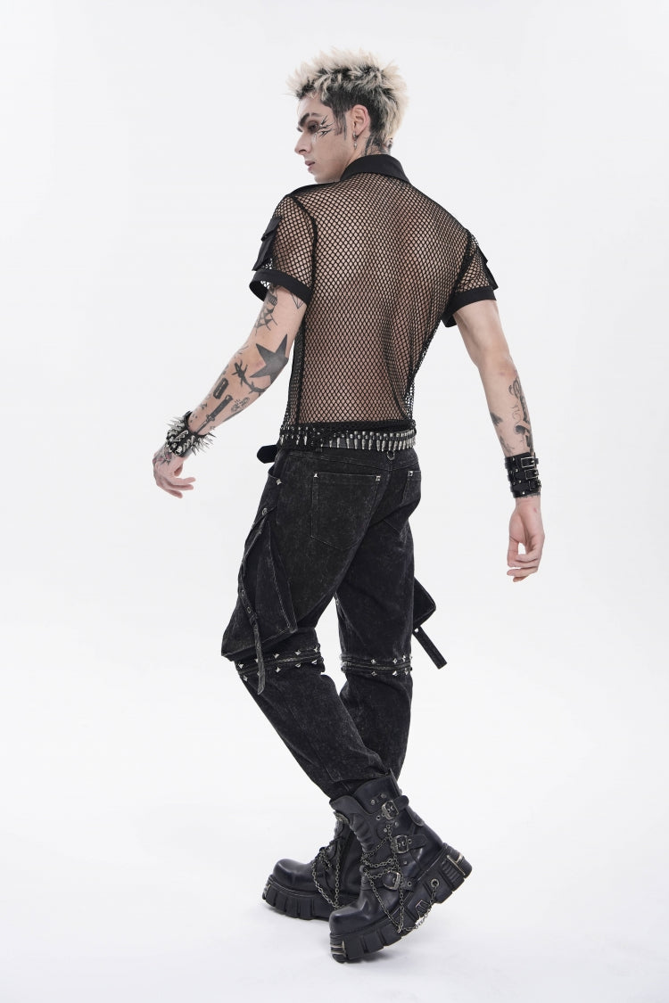 Black Lapel Collar Short Sleeves Cut-Out Spliced Sheer Mesh Studded Eyelet Men's Punk Small Pockets Cool Shirt - Product - 8