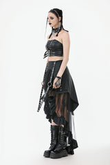 Black Eyelet Straps Women's High-Low Multi-Layered Ruffled Sheer Mesh Punk Skirt - Product - 12