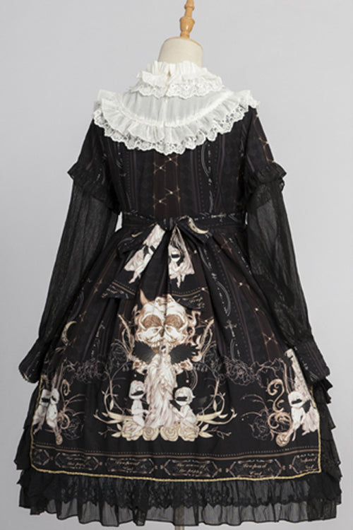 Round Collar Ruffled Long Sleeves Reunion World Print Classic Lolita OP Dress - Product - 10