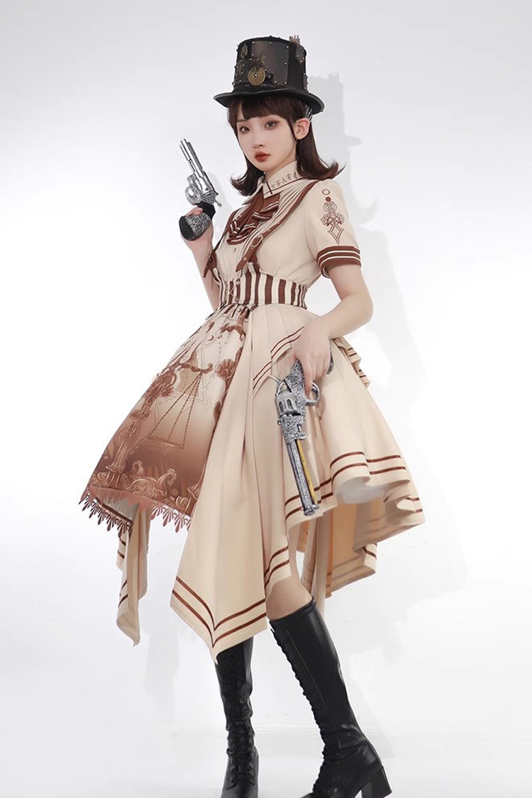 Brown Short Sleeves Libra Print Punk Vintage Lolita Dress - Product - 4