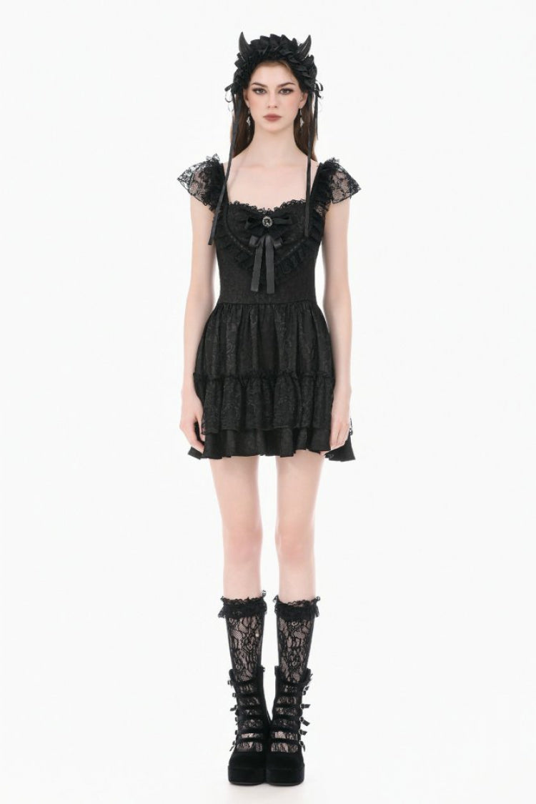 Black Flutter Sleeves Jacquard Bowknot Lace Ruffled Lace-Up Women's Gothic Cake Mini Dress - Product - 8