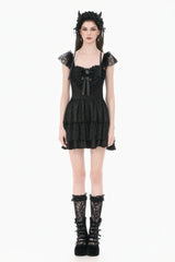 Black Flutter Sleeves Jacquard Bowknot Lace Ruffled Lace-Up Women's Gothic Cake Mini Dress - Product - 8