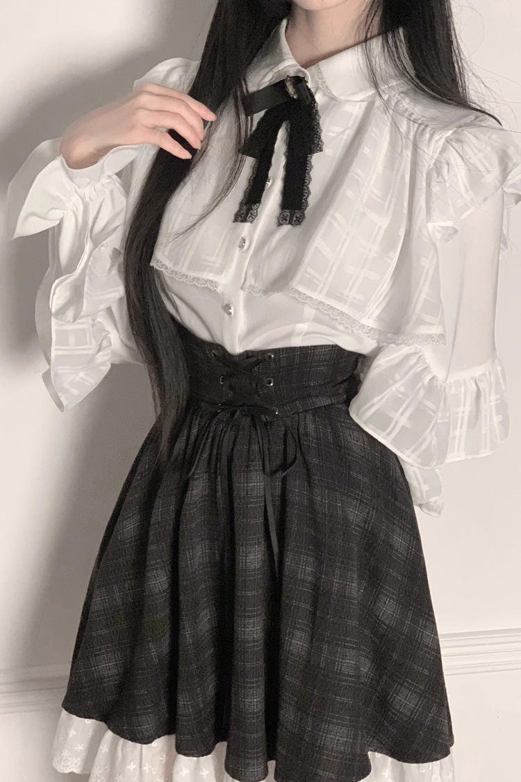 Black/White Long Sleeves Plaid Printed Lace Lace-Up Sweet Jirai Kei Skirt Set - Product - 3