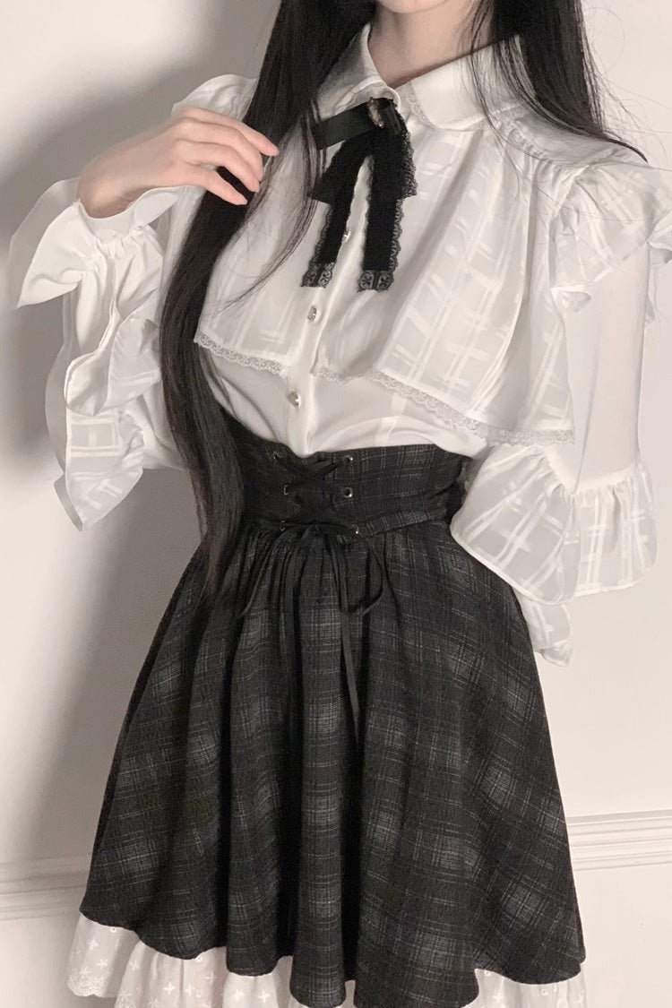 Black/White Long Sleeves Plaid Printed Lace Lace-Up Sweet Jirai Kei Skirt Set - Product - 3