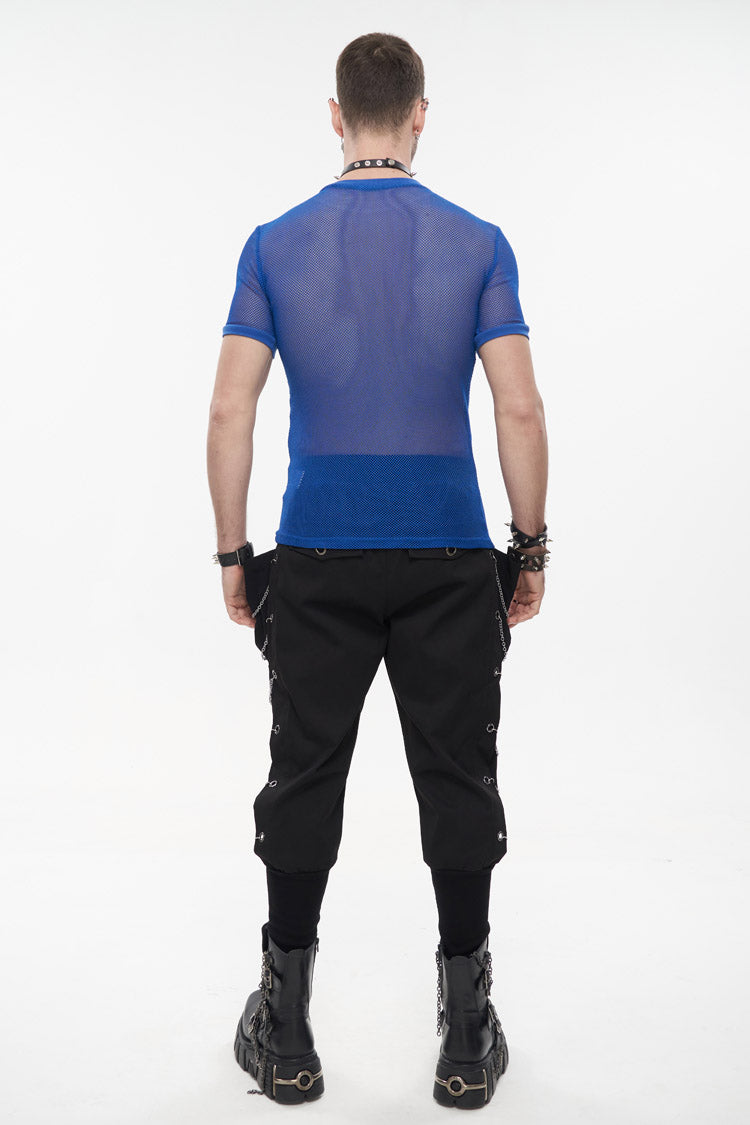 Blue Crew Neck Diamond-Shaped Net Short Sleeve Men's Gothic T-Shirt - Product - 4