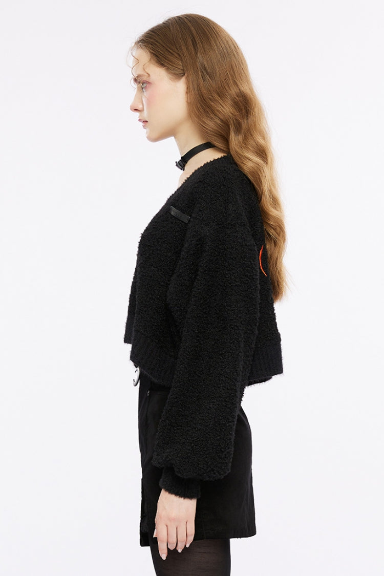 Black Wool Textured V Collar Long Sleeves Women's Gothic T-Shirt - Product - 2