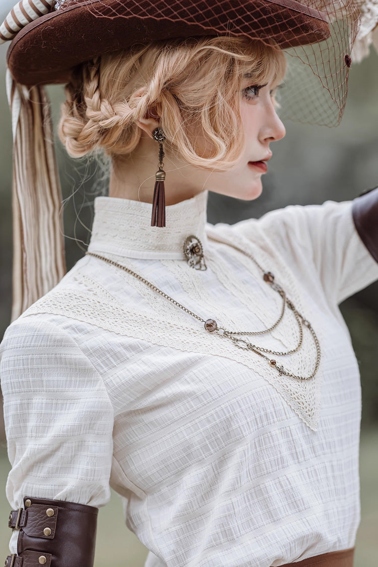 White Victorian Style Stand Collar Long Sleeves Embroidery Lace Classic Vintage Ouji Lolita Blouse - Product - 2