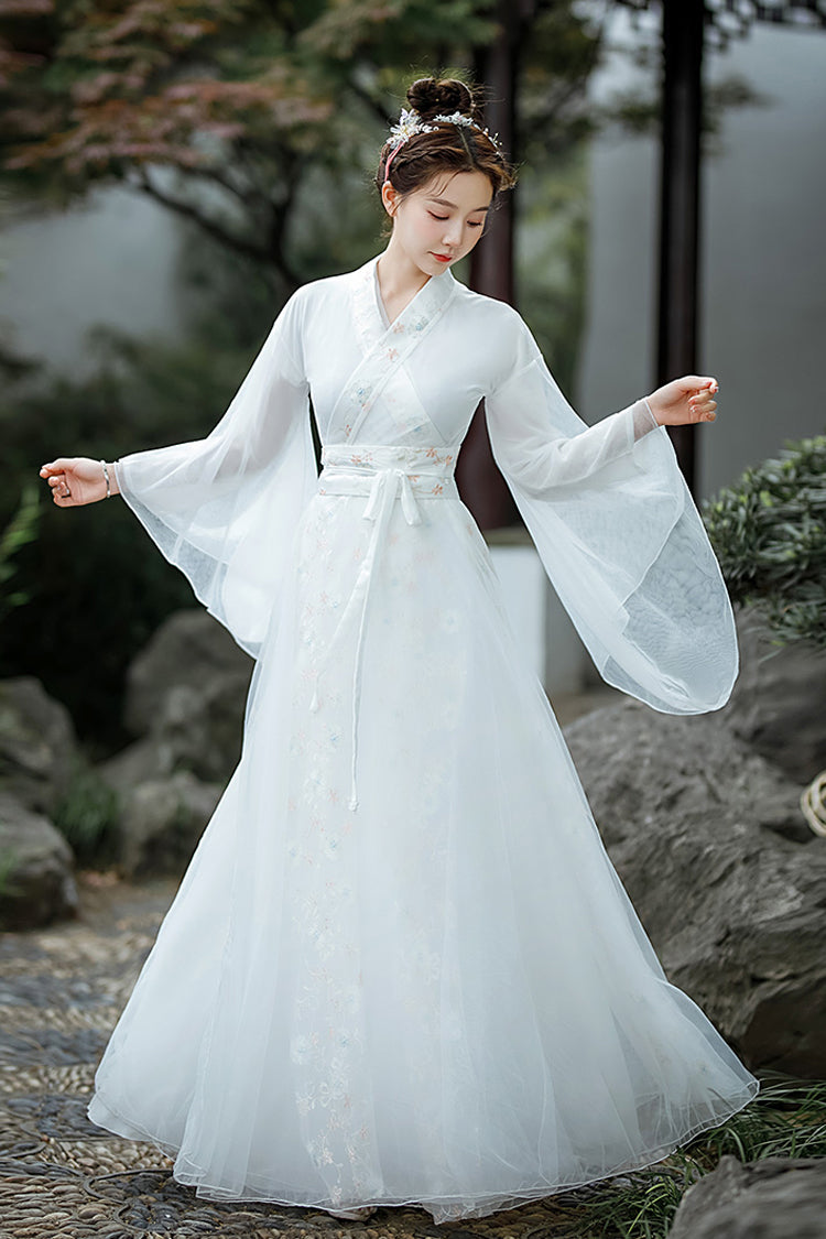 White Chinese Ancient Style Jiangnan Embroidered Sweet Hanfu Dress - Product - 2
