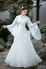 White Chinese Ancient Style Jiangnan Embroidered Sweet Hanfu Dress - Product - 2