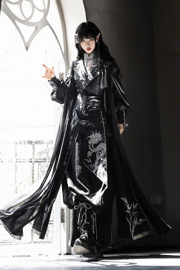 Black [Shadow Dragon Diving Into the Abyss] Long Sleeves Jacquard Embroidered Gothic Chinese Inspired Hanfu Ouji Lolita Set - Product - 3