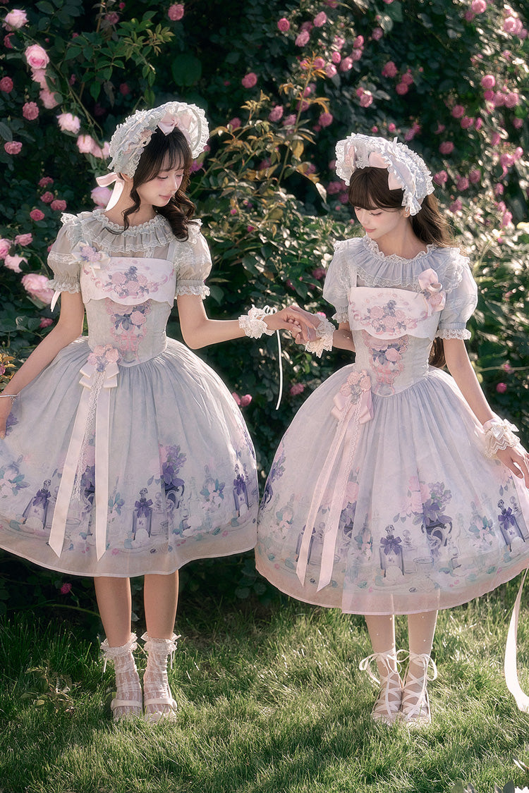 [Morning Dew Rose] Square Collar Flutter Sleeves Printed Embroidered Bow Sweet Chinese Inspired Lolita Jsk Dress 2 Colors (Blue, Green) - Blue - 1