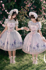 [Morning Dew Rose] Square Collar Flutter Sleeves Printed Embroidered Bow Sweet Chinese Inspired Lolita Jsk Dress 2 Colors (Blue, Green) - Blue - 1
