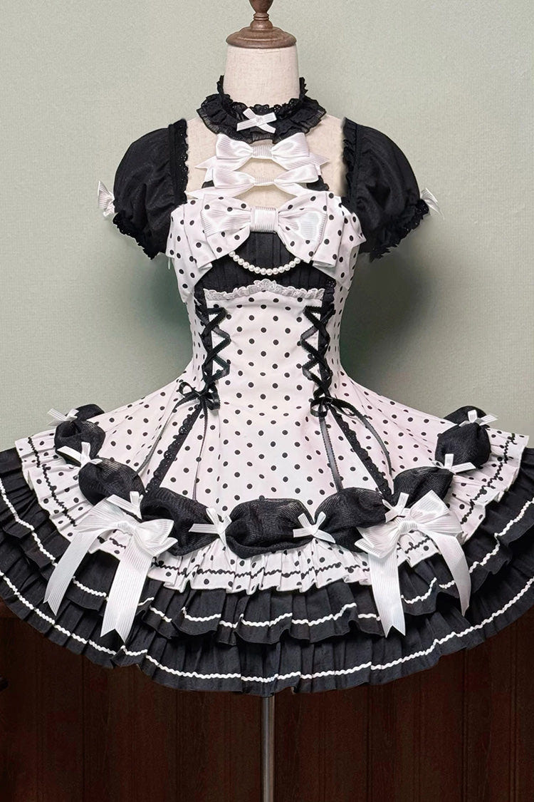 Black/White Halterneck Short Sleeves Triple-Layered Polka Dot Printed Bow Lace-Up Sweet Lolita Dress - White - 9