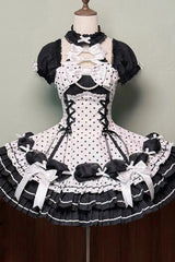 Black/White Halterneck Short Sleeves Triple-Layered Polka Dot Printed Bow Lace-Up Sweet Lolita Dress - White - 9