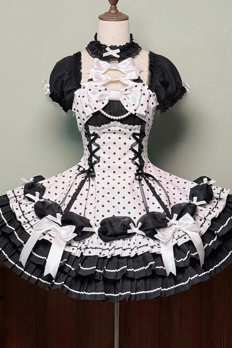 Black/White Halterneck Short Sleeves Triple-Layered Polka Dot Printed Bow Lace-Up Sweet Lolita Dress - White - 9