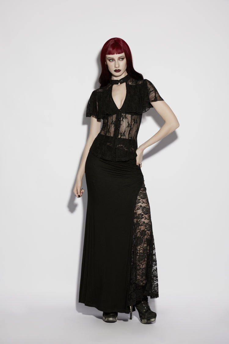 Black Short Sleeves Cut-Out Lace Lace-Up Slim Fit Women's Gothic Cool Cosplay Blouse - Product - 3