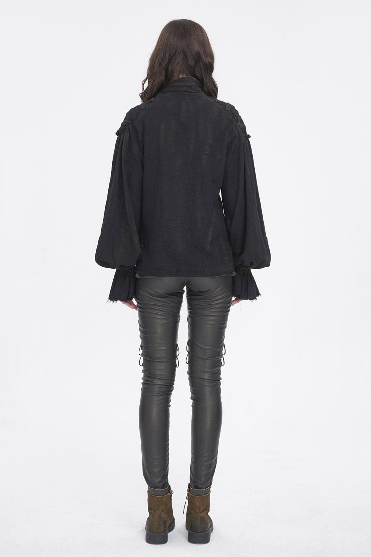 Black Stand Collar Lantern Sleeves Print Lace Women's Punk Blouse - Product - 5