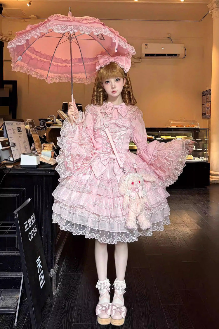 Pink [Love Overture] Multi-Layered Ruffle Bowknot Lace Sweet Lolita Jsk Dress - Product - 4