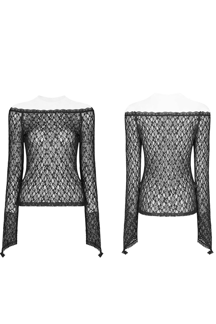 Black Long Sleeves One-Word Collar Transparent Lace Women's Gothic T-Shirt - Product - 5