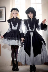 Light Grey [Nocturne] Vertical Stripes Print Ruffle Bowknot Lace Gothic Lolita Dress 2 Versions - Grey - 1