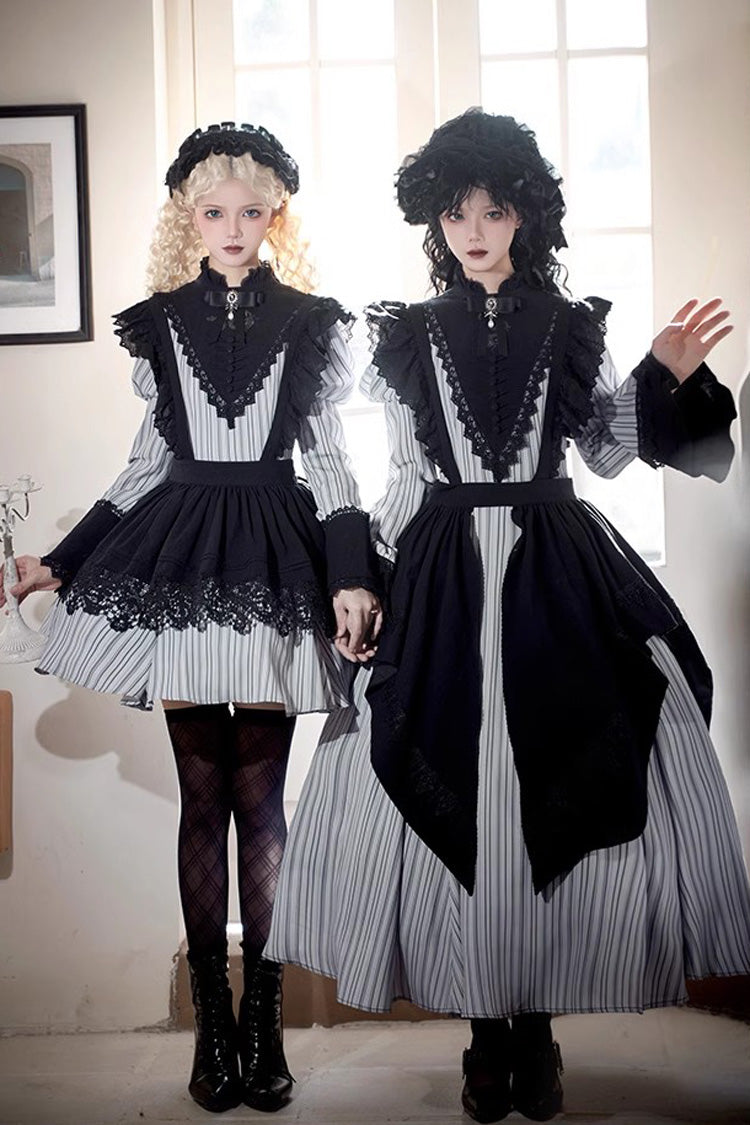 Light Grey [Nocturne] Vertical Stripes Print Ruffle Bowknot Lace Gothic Lolita Dress 2 Versions - Grey - 1
