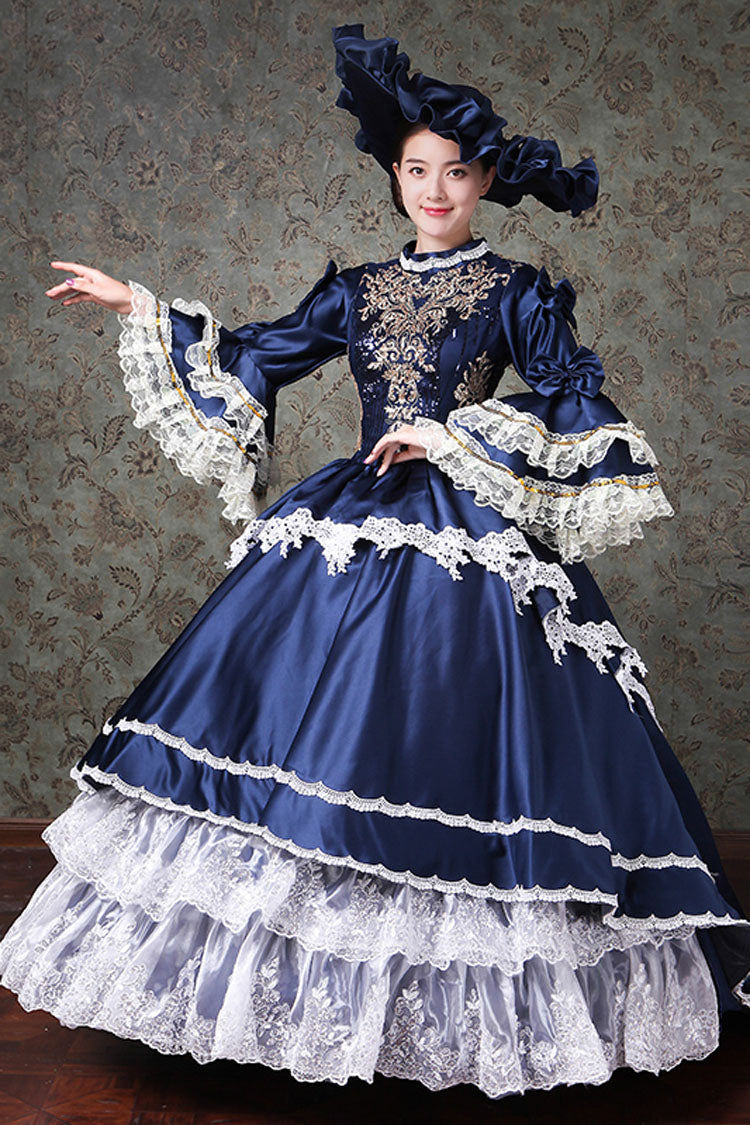 Multi-Layer Trumpet Sleeves High Waisted Lace Stitching Embroidery Print Victorian Lolita Prom Dress - Product - 4
