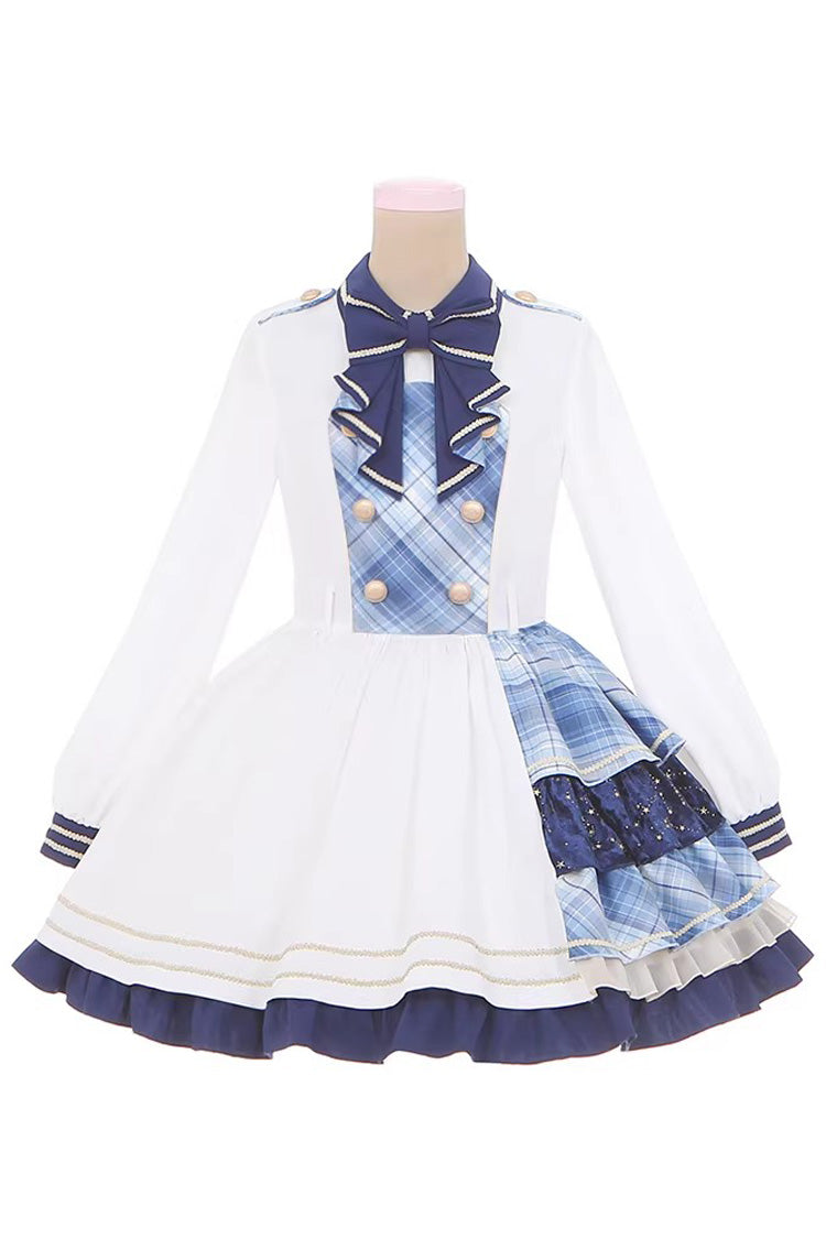 White/Blue [Starlight Academy Style] Long Sleeves Printed Ruffled Spliced Asymmetric Faux Two-Piece Sweet Lolita Dress - Product - 3