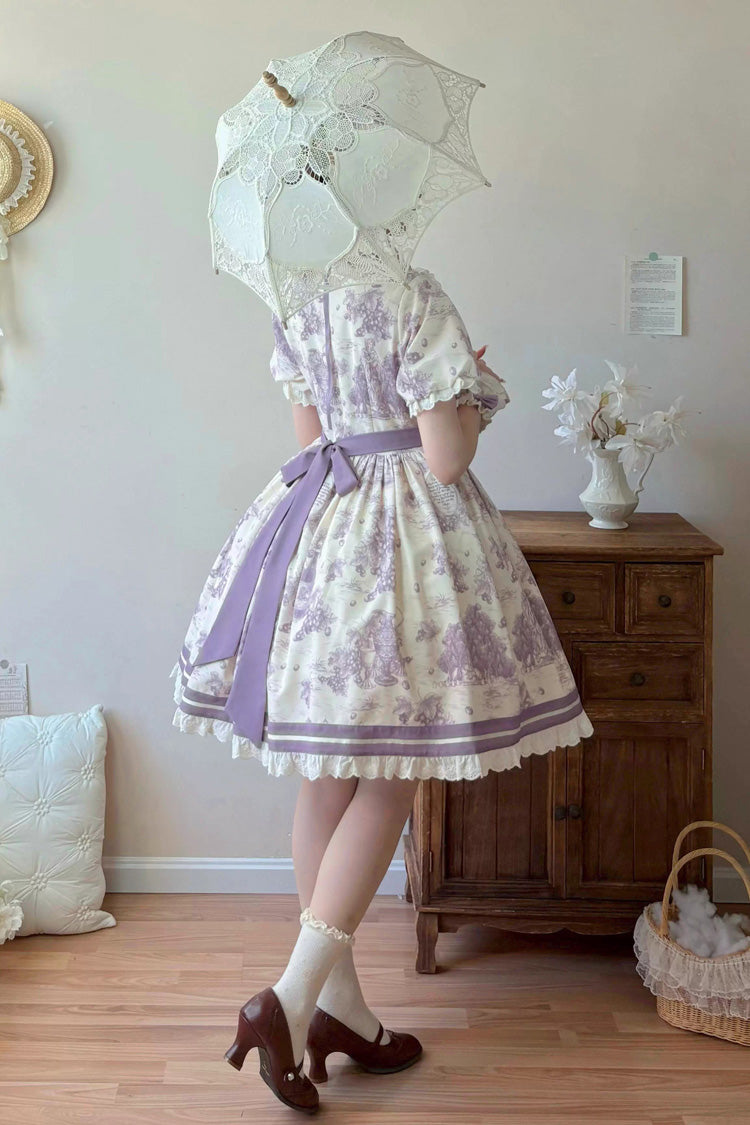 Purple [Grape Moon Almanac] Short Sleeves Multi-Layered Printed Ruffled Bow Sweet Lolita Dress - Product - 4