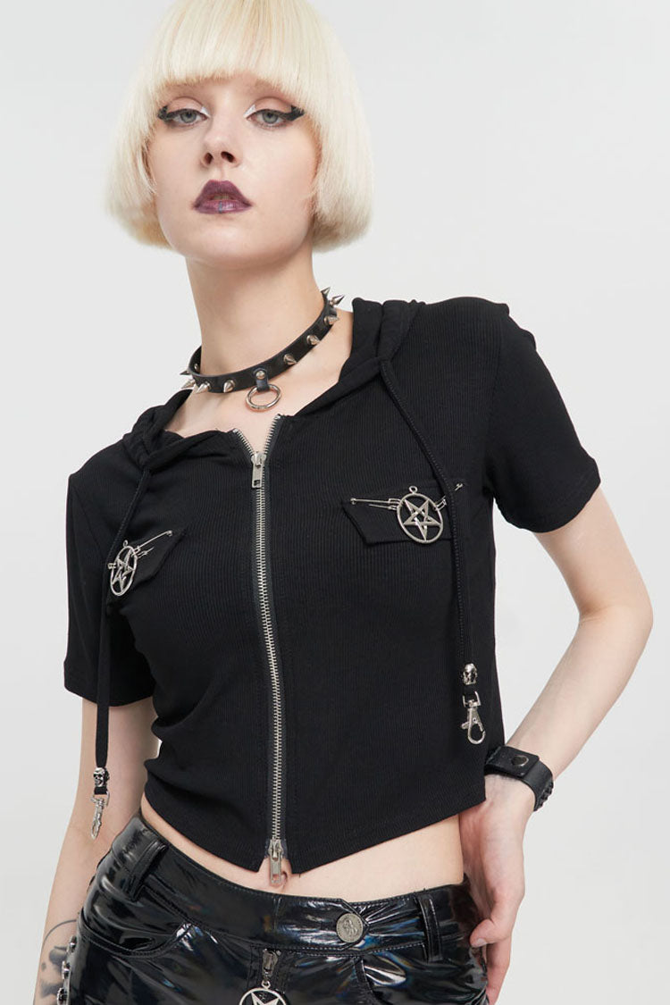 Black Punk Front Metal Zipper Pentagram On Both Sides Hooded Women's T-Shirt - Product - 5
