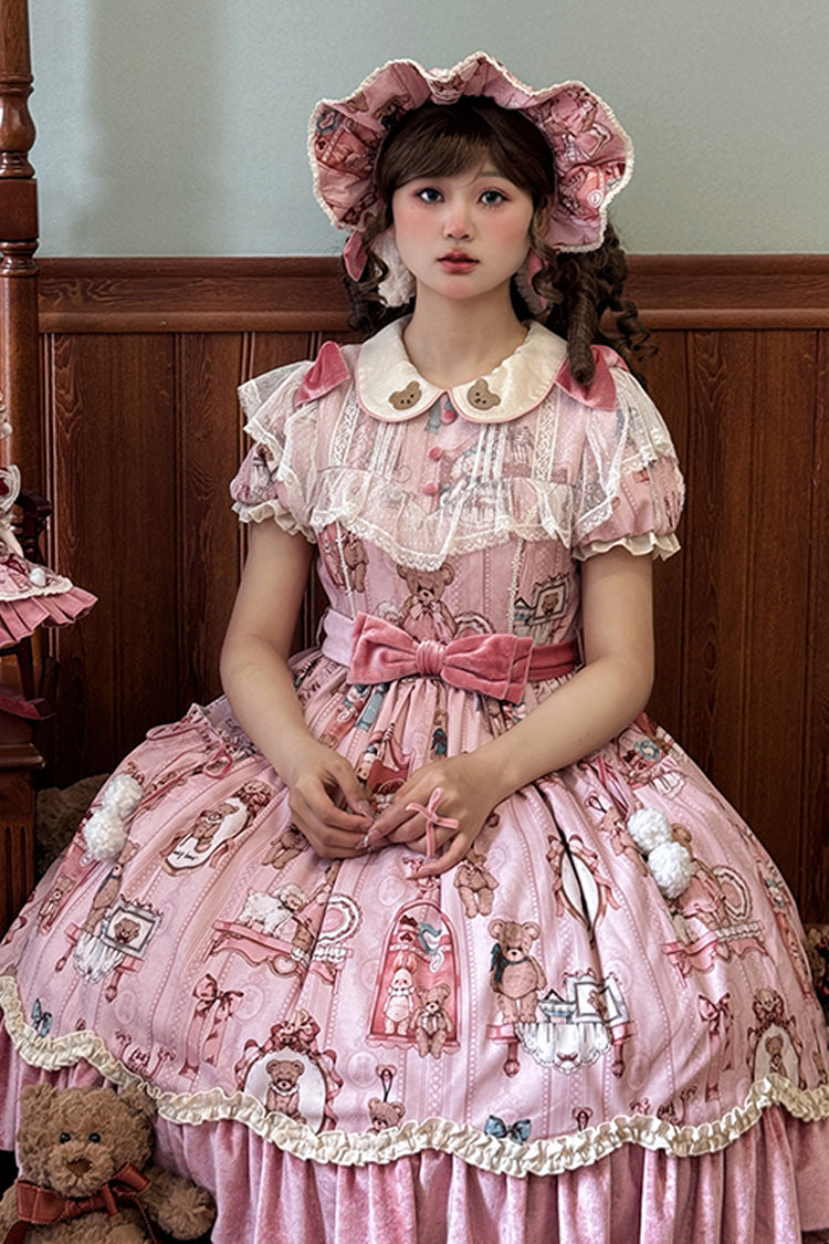 Pink Bear Doll Wall Print Short Sleeves Ruffle Embroidery Bowknot Sweet Lolita Dress - Product - 7