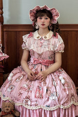 Pink Bear Doll Wall Print Short Sleeves Ruffle Embroidery Bowknot Sweet Lolita Dress - Product - 7