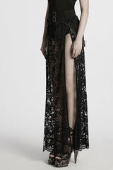 Black Embroidery Split Lace Women's Gothic Skirt with Studded Chain - Product - 2