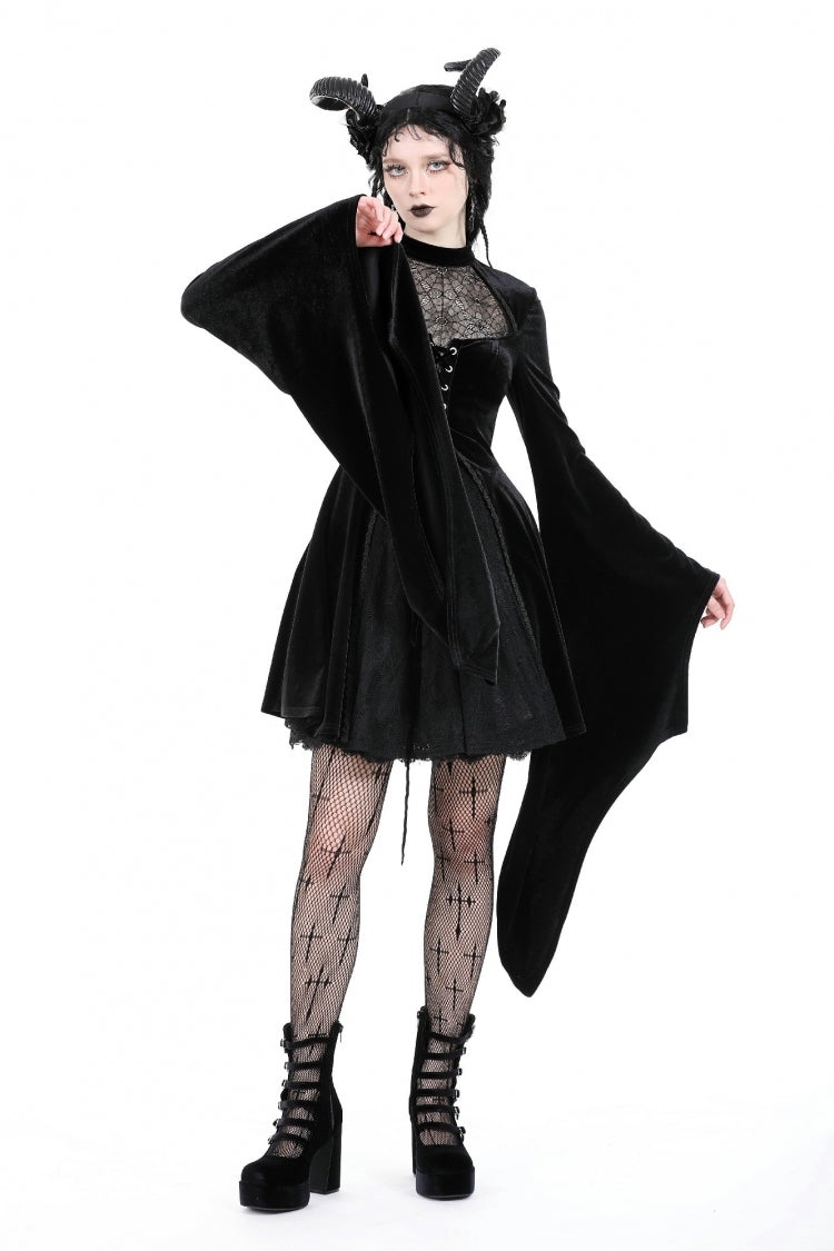 Black Long Trumpet Sleeves Spliced Lace-Up Spider Mesh Women's Gothic Velvet Wedding Dress - Product - 7