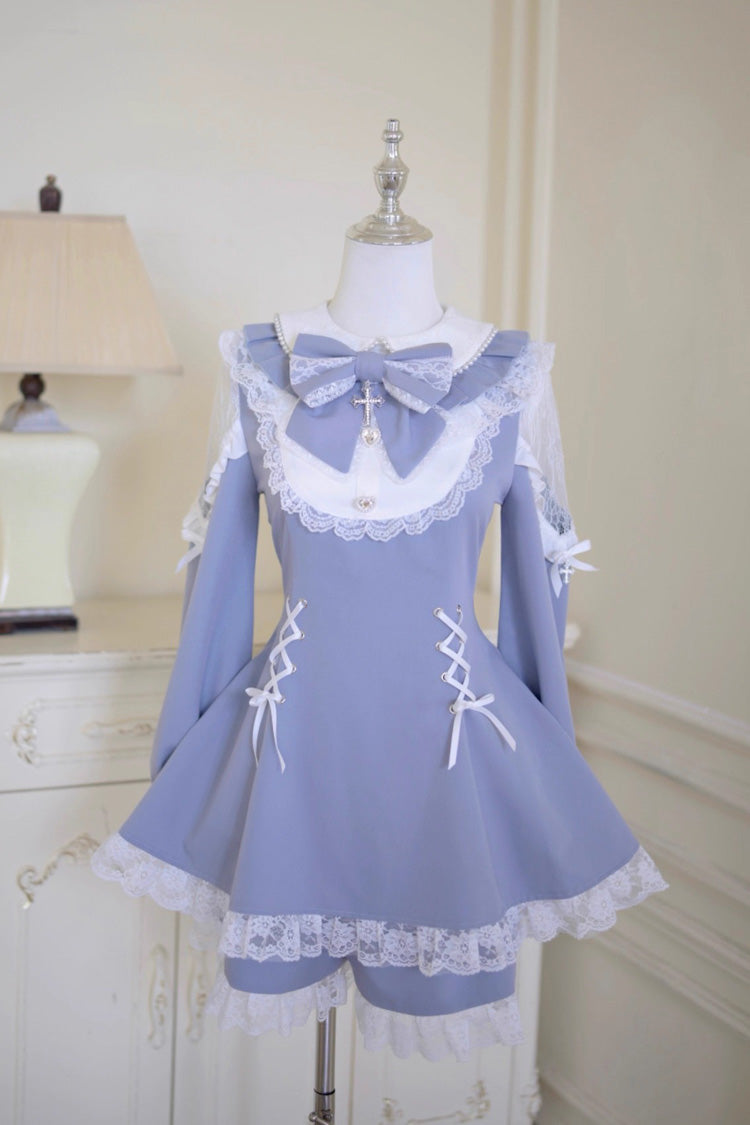 Grey/Blue [Divine love] Long Sleeves Hollow Bowknot Lace Lace-Up Sweet Jirai Kei Dress Shorts Set - Product - 3