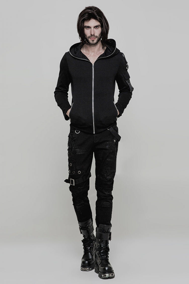 Black Metal Ring Buckles Stitching Mesh Men's Steampunk Pants - Product - 4