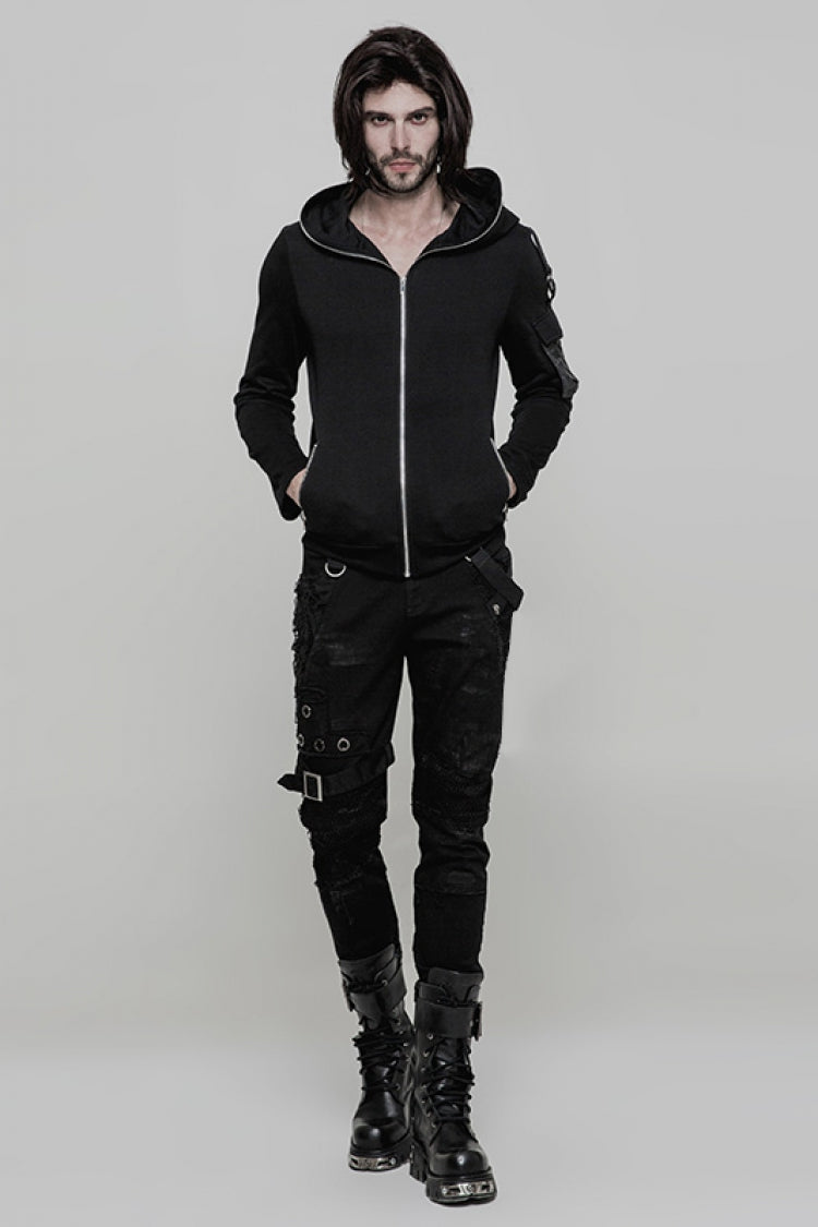 Black Metal Ring Buckles Stitching Mesh Men's Steampunk Pants - Product - 4