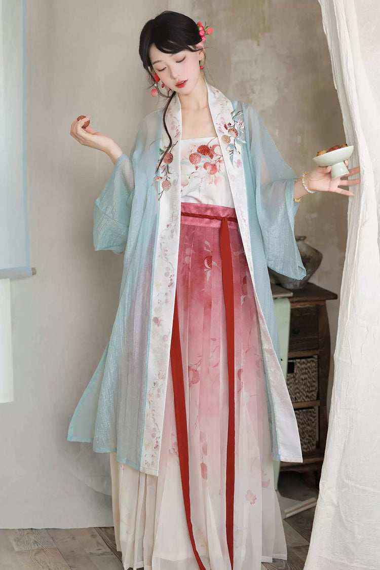 Multi-Color [Lychee Blossom Shoot] Half Sleeves Printed Embroidered Women's Sweet Hanfu Set - Product - 2