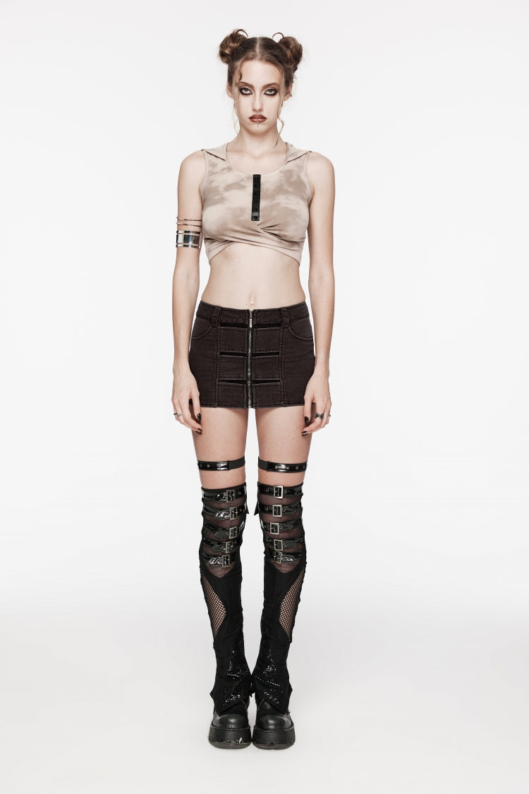 Brown Patchwork Slim Fit Mesh Zippered Eyelet Women's Punk Cool Skirt - Product - 3