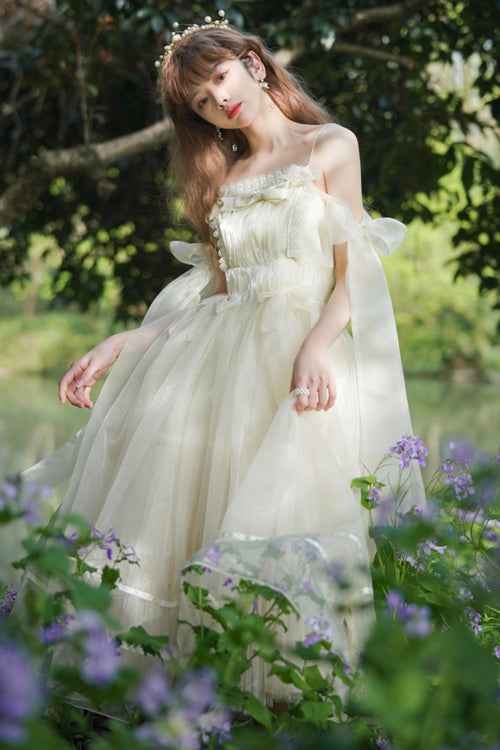Beige Small Ballet High Waisted Bowknot Chiffon Long Version Sweet Lolita JSK Dress - Product - 6