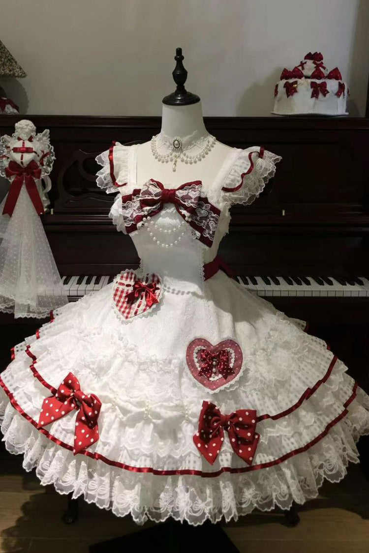 White [Polka-Dot Love Letter] Sleeveless Double-Layered Bowknot Lace Pearl Sweet Lolita Jsk Dress - Product - 3