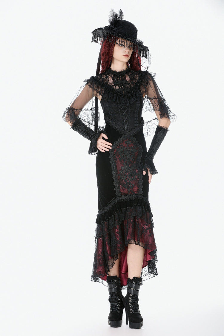 Black Sleeveless Ruffled Lace Spliced Mesh Women's Gothic Cape - Product - 11