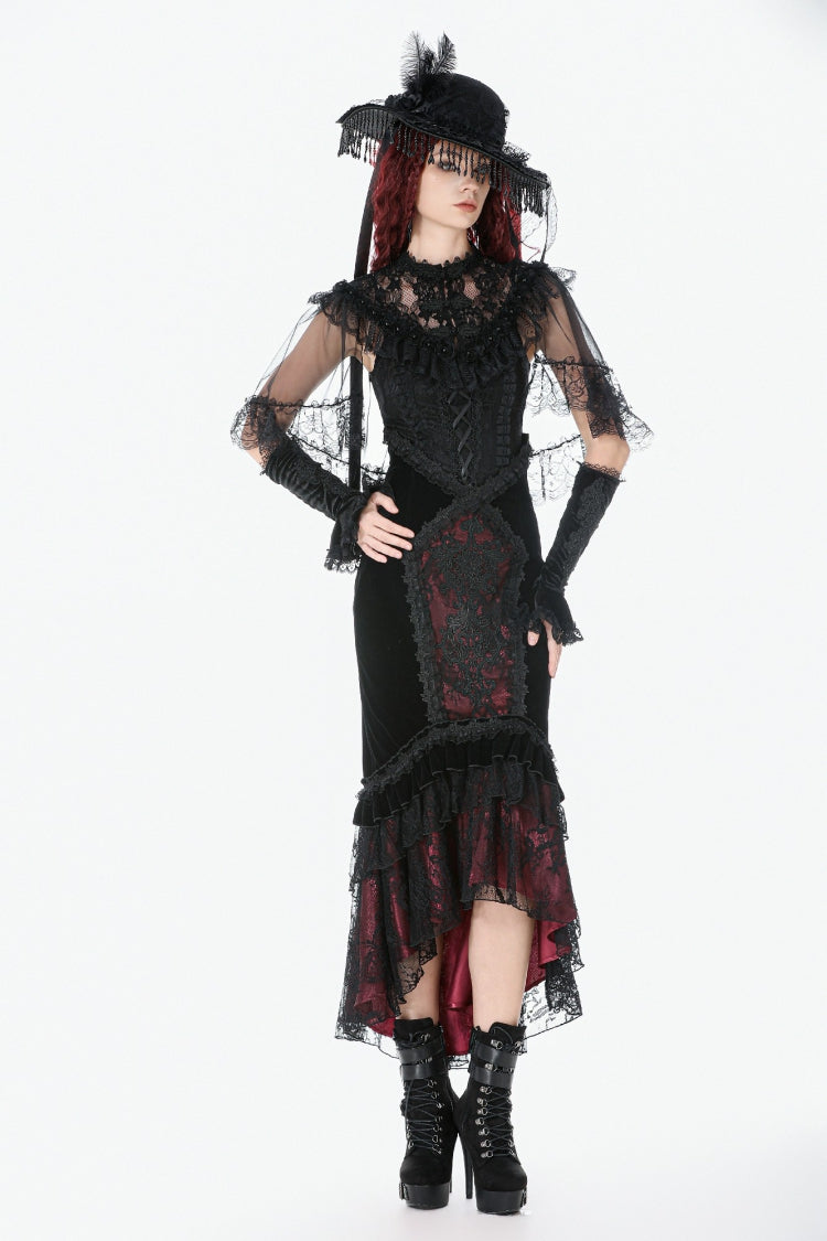 Black Sleeveless Ruffled Lace Spliced Mesh Women's Gothic Cape - Product - 11