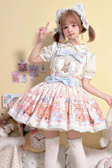[Bear Anniversary Celebration] Sleeveless Printed Ruffled Bow Sweet Lolita Strap Dress 2 Colors - Yellow/Pink - 4