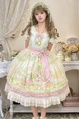 Pink/Green [Bamboo Rabbit] Peter Pan Collar Short Sleeves Printed Ruffled Embroidered Bow Sweet Lolita Dress - Product - 2