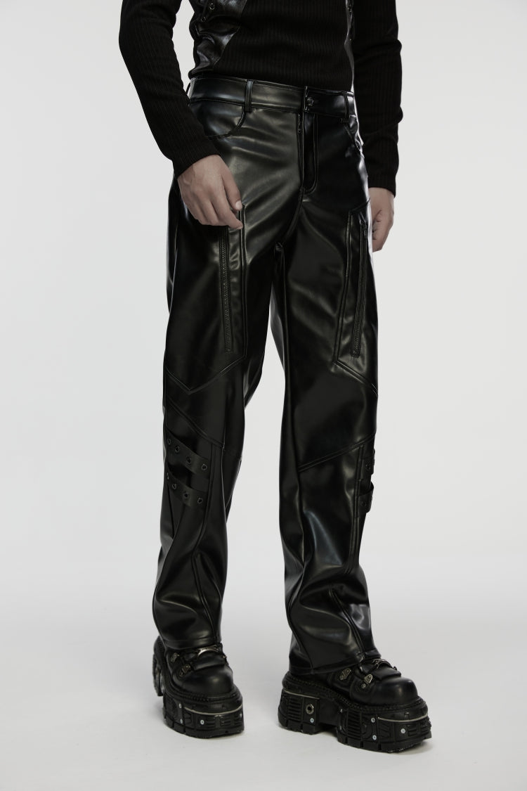 Black Zippered Eyelet Men's Punk Faux Leather Pants - Product - 7