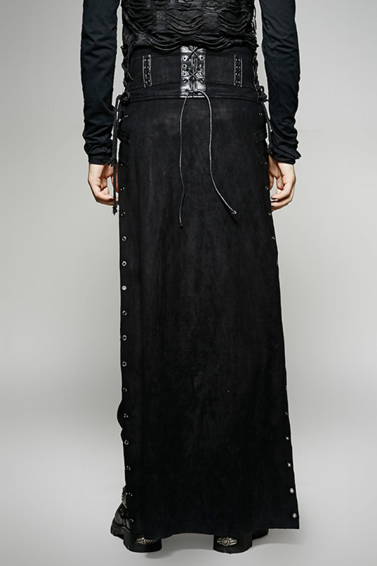 Black Metal Buckle PU Leather Buckle Lace-Up Men's Steampunk Skirt - Product - 3