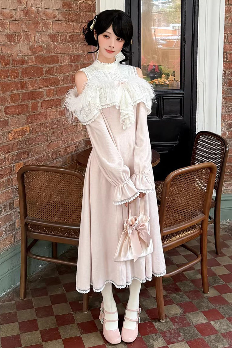Pink [Little Love Song] Stand Collar Off Shoulder Long Sleeves Lace Sweet Japanese Elegant Lolita Long Dress - Product - 2
