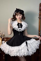 Black/White [Miss Tsundere] Sleeveless Multi-Layered Ruffle Bowknot Lace Asymmetric Sweet Princess Lolita Dress - Product - 7