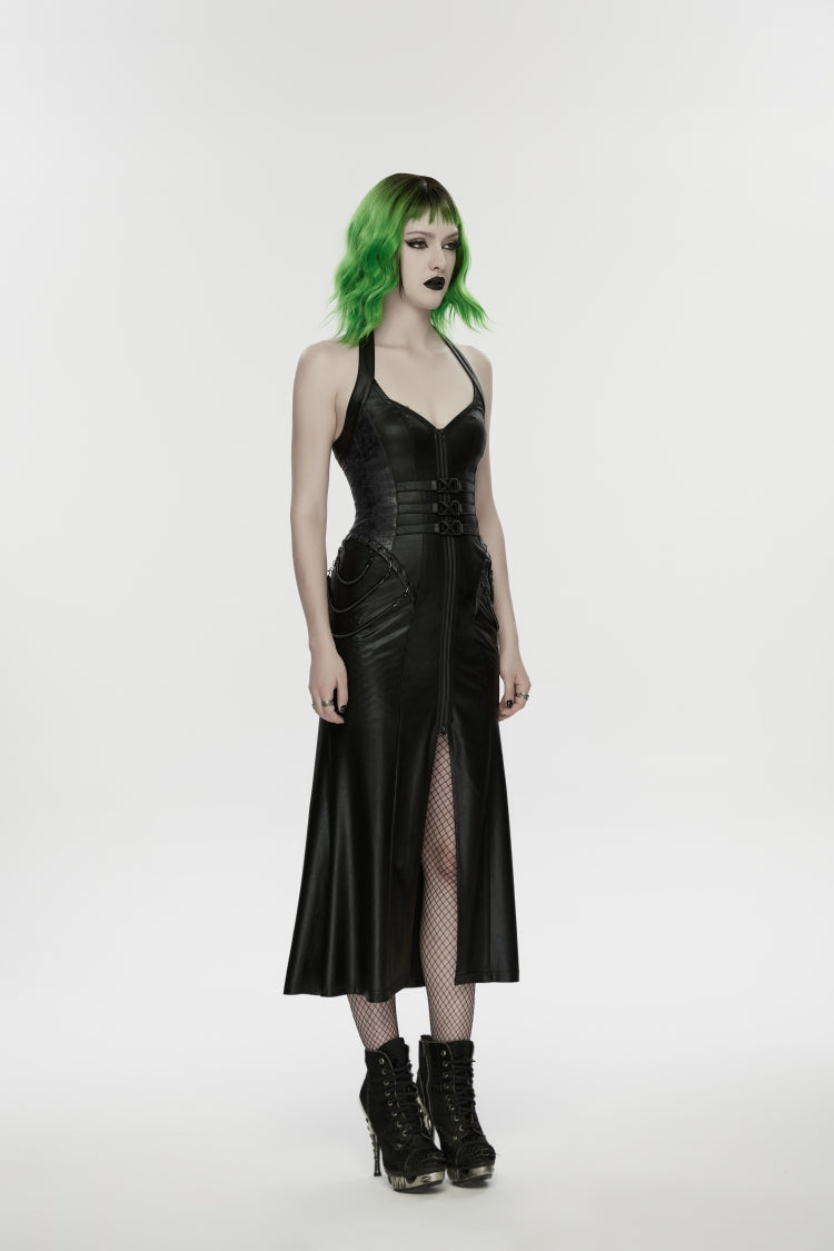 Black Halterneck Sleeveless Lace-Up Slim Buckled Women's Punk Dress - Product - 2