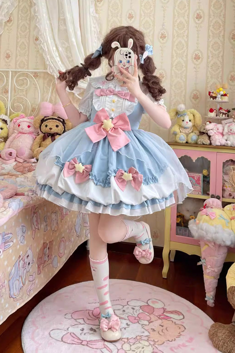 Little Wishing Star Ruffle Bowknot Bud Sweet Lolita Jsk Dress 5 Colors - Blue - 1